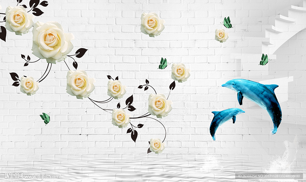 现代玫瑰海豚简约楼梯电视背景墙