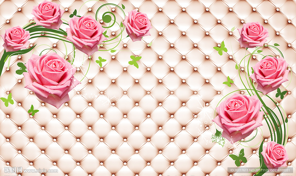 现代玫瑰蝴蝶软包电视背景墙