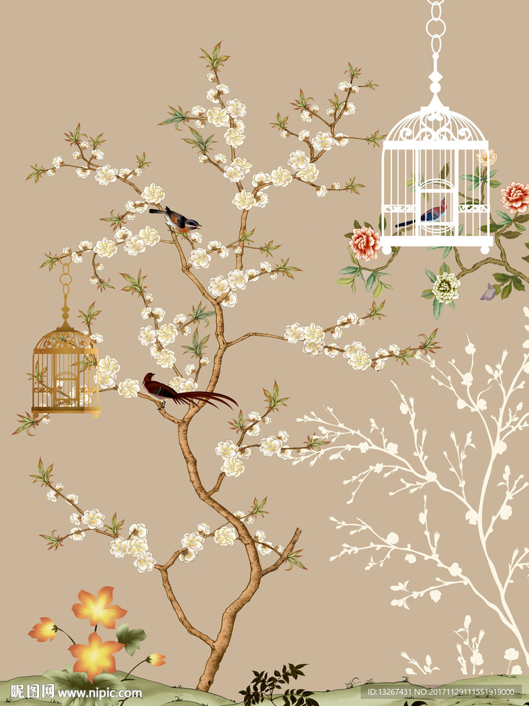 中国风工笔花鸟玄关