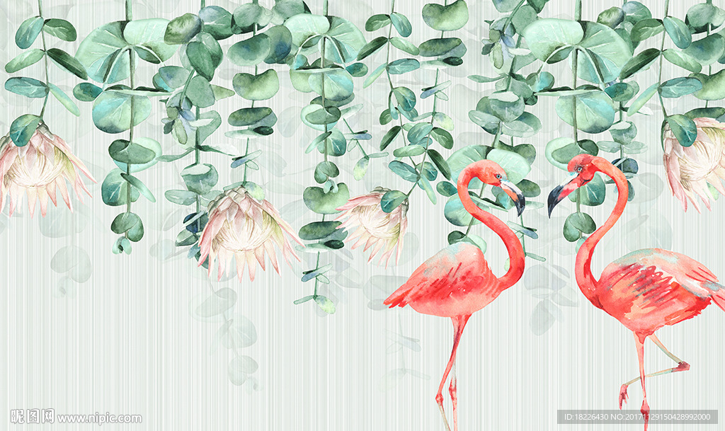 北欧绿色植物叶子火烈鸟背景墙