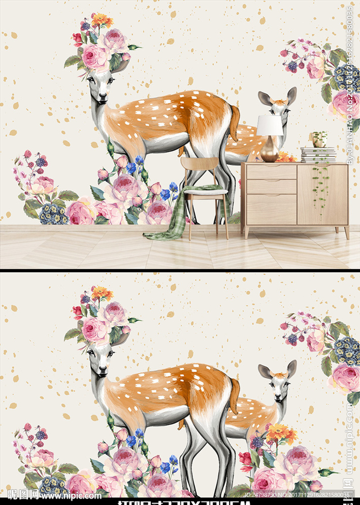 美式鹿手绘花卉麋鹿背景墙装饰画