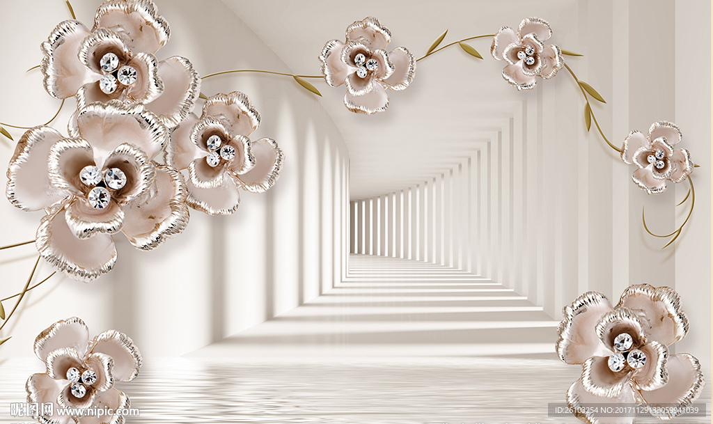 欧式钻石花卉3D空间电视背景墙