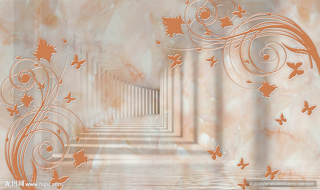 欧式蝴蝶花藤3D空间电视背景墙