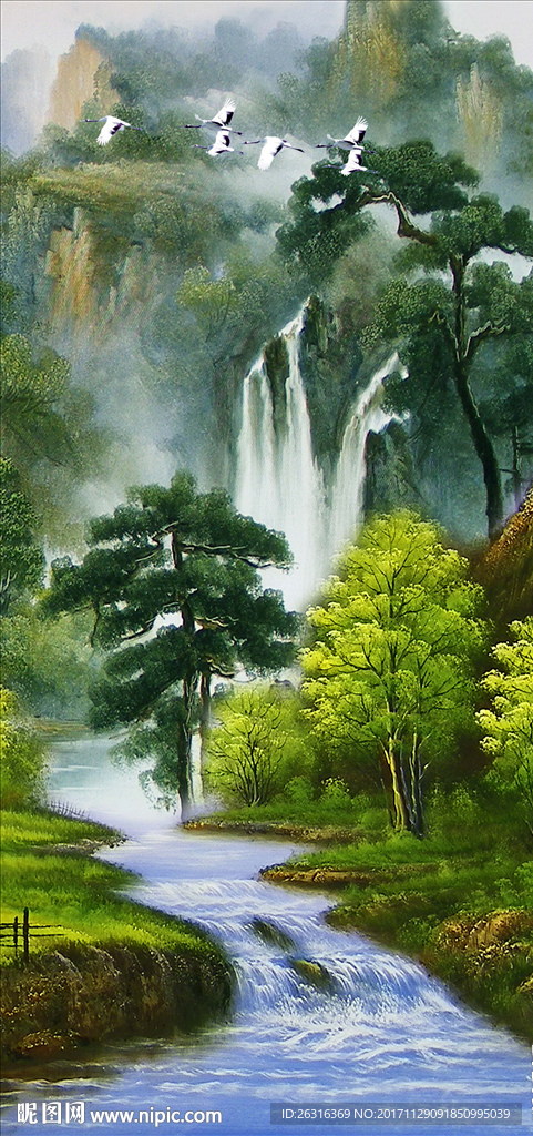 中式山水瀑布玄关背景墙