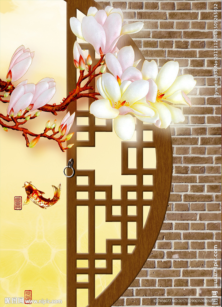 彩雕兰花墙面中式玄关过道