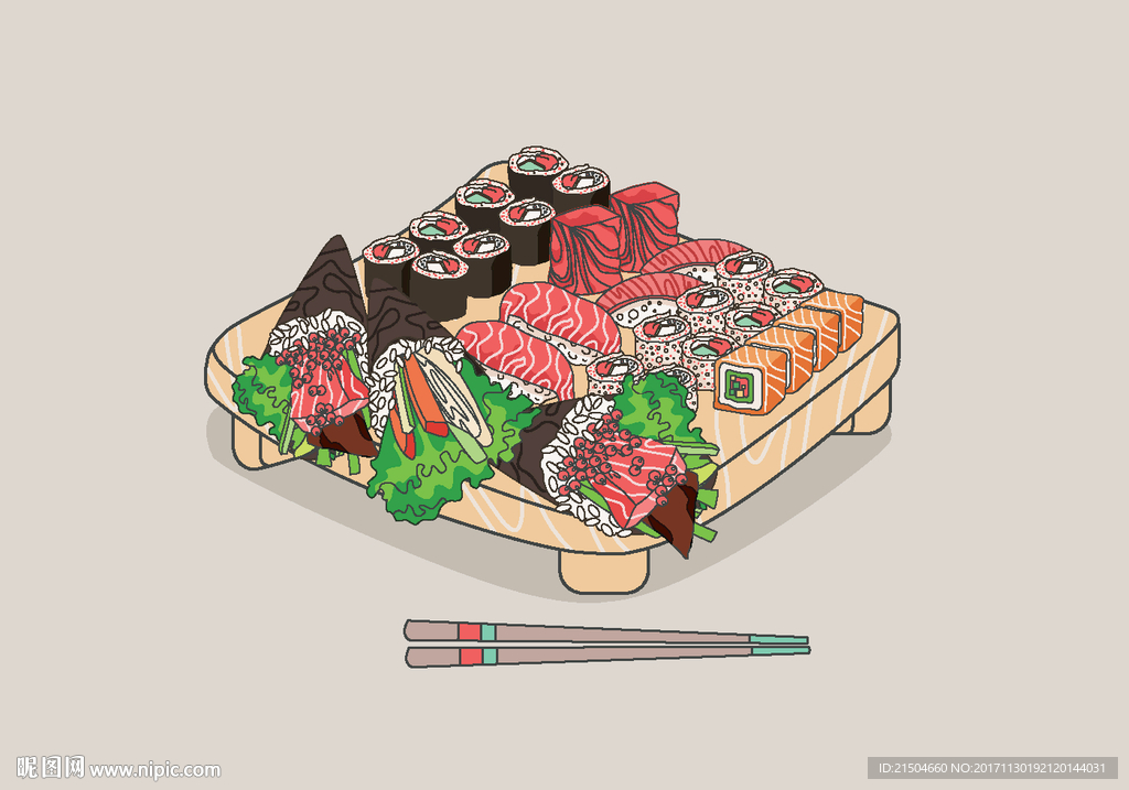 精致矢量彩色寿司插画