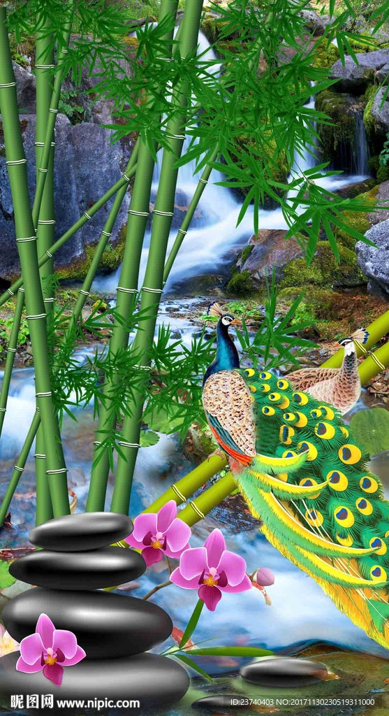 竹子孔雀风景山水