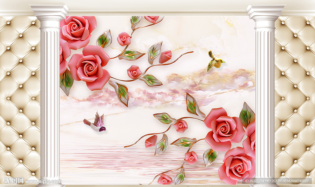 彩雕玫瑰欧式软包罗马柱电视背景