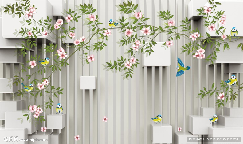 花鸟3D立体电视背景墙