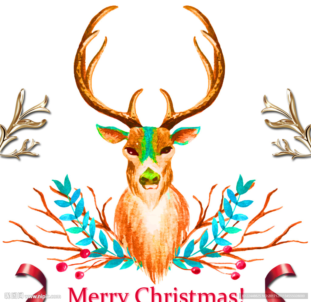 圣诞节创意水彩麋鹿祝福海报