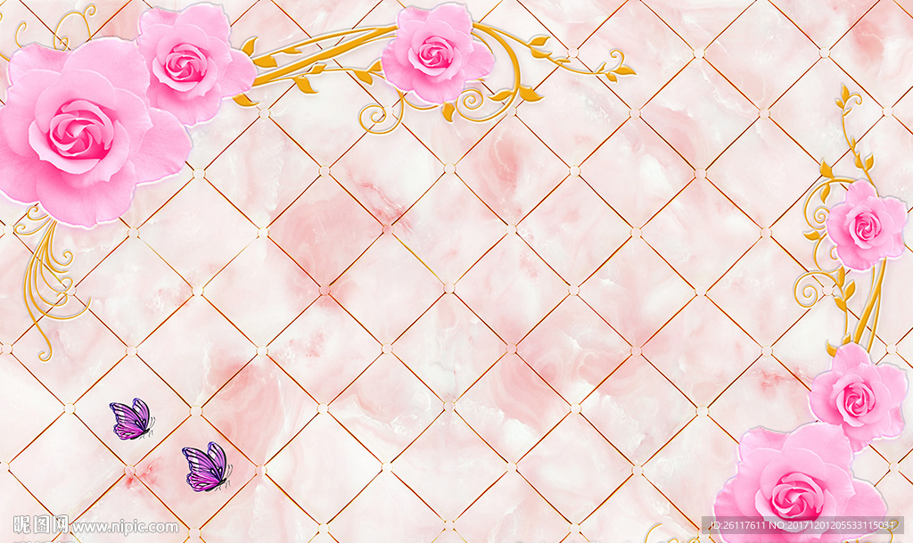 现代玫瑰蝴蝶彩雕软包电视背景墙