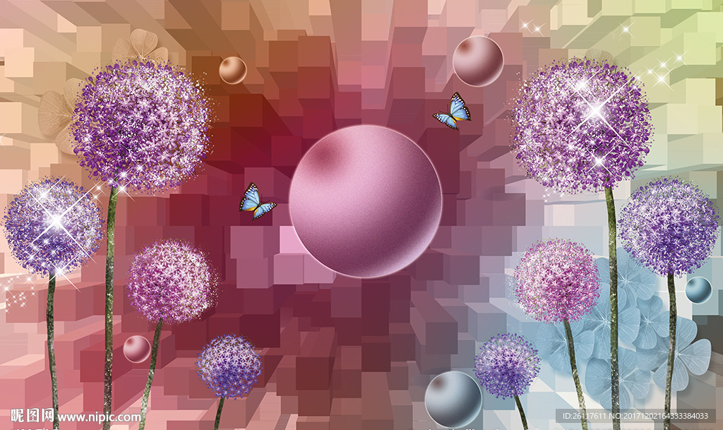 梦幻3D空间蒲公英电视背景墙