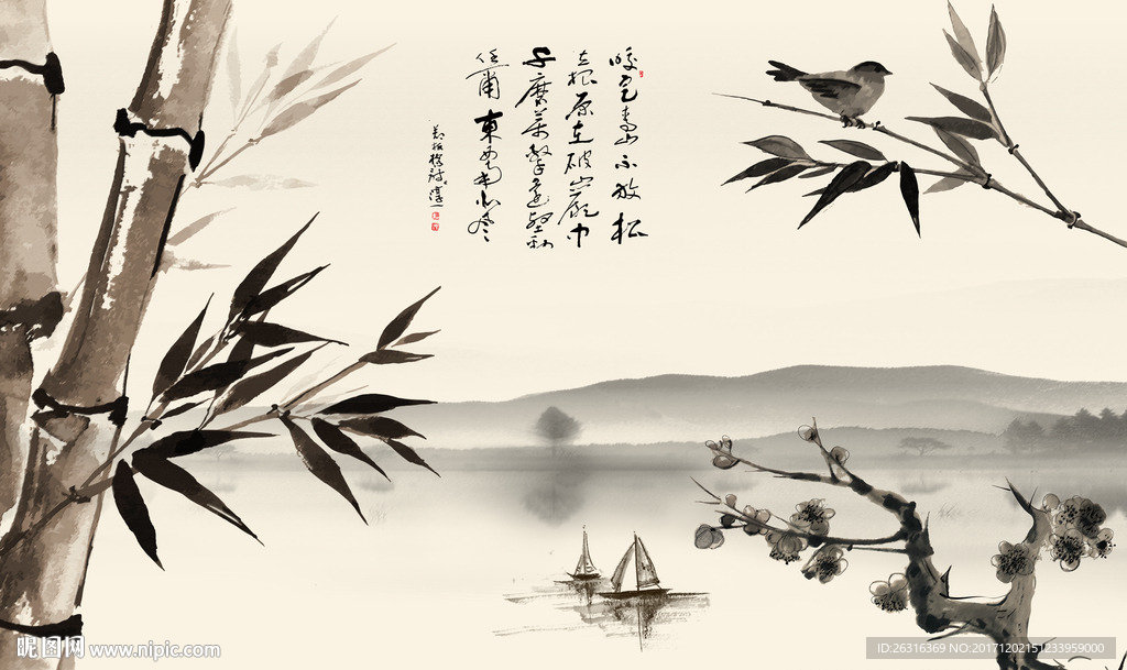 中式山水竹子电视背景墙