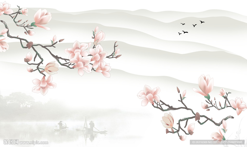 中式山水花鸟电视背景墙
