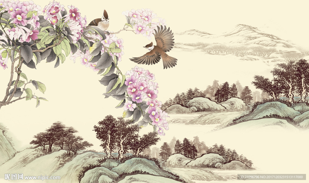 国画背景墙花鸟