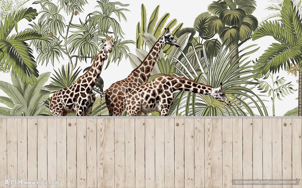 热带树林简约麋鹿背景墙装饰画