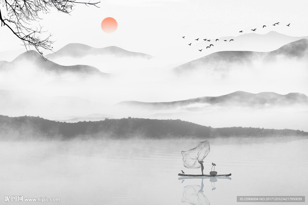 水墨意境山水背景墙装饰画