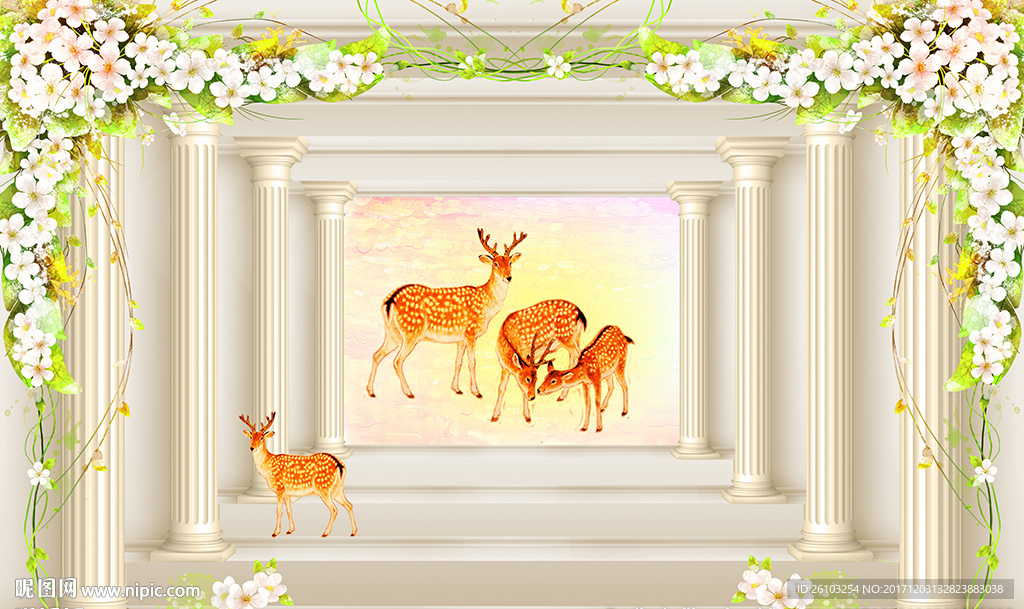 3D罗马柱麋鹿花卉电视背景墙