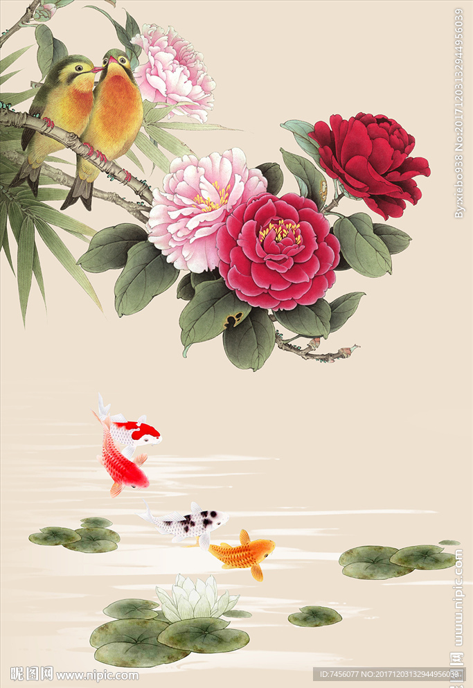 牡丹花莲花游鱼玄关过道