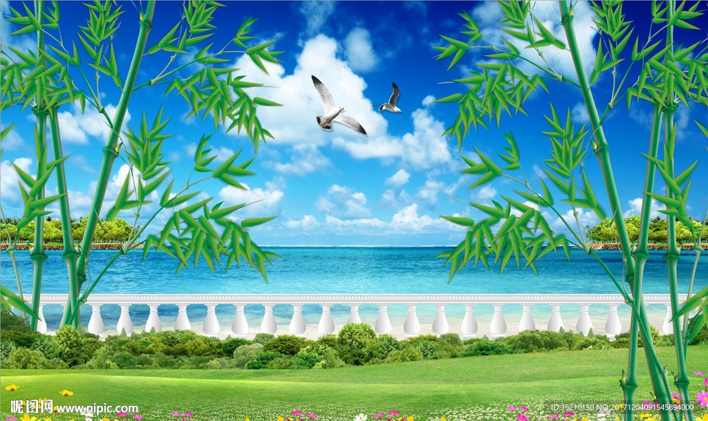 蓝天白云竹子图