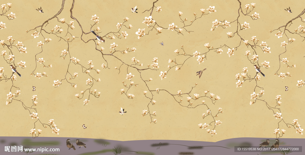 手绘花鸟中式背景墙