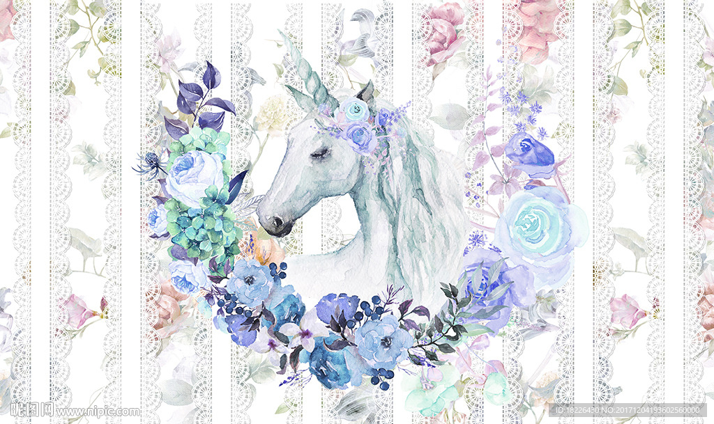 手绘田园风独角兽背景墙