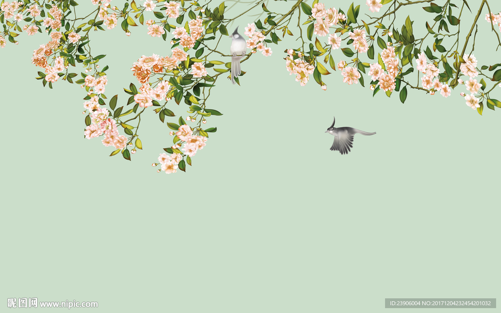 手绘现代简约玉兰花鸟背景墙
