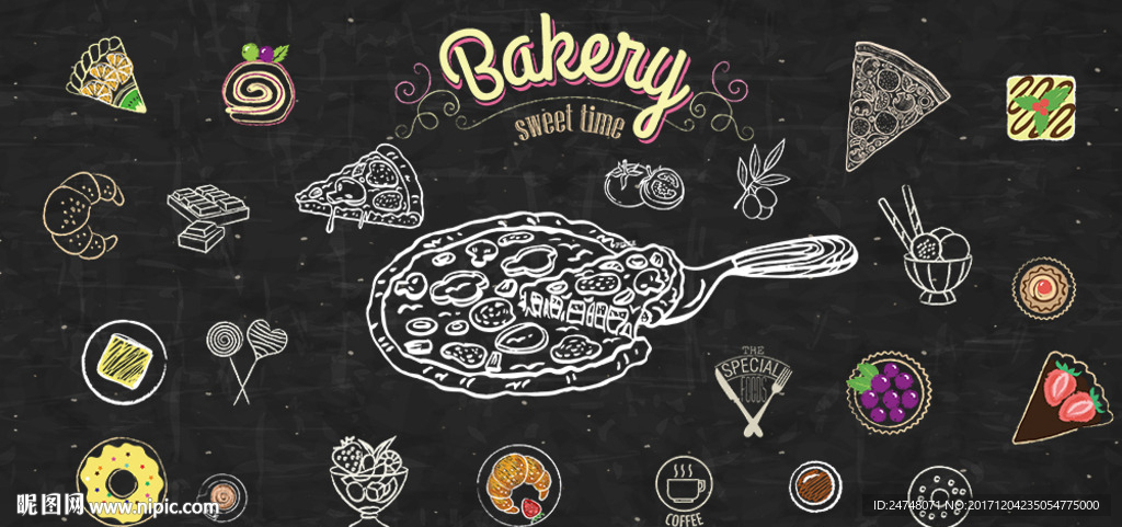 手绘黑板粉西餐美食甜品店背景墙