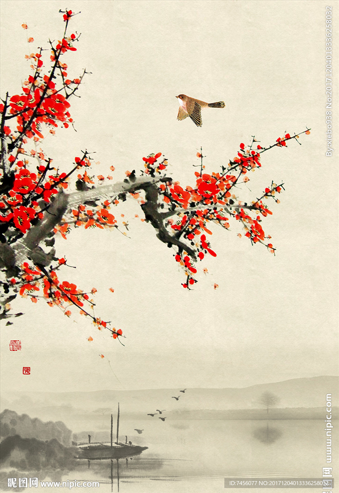 水墨梅花中式玄关过道