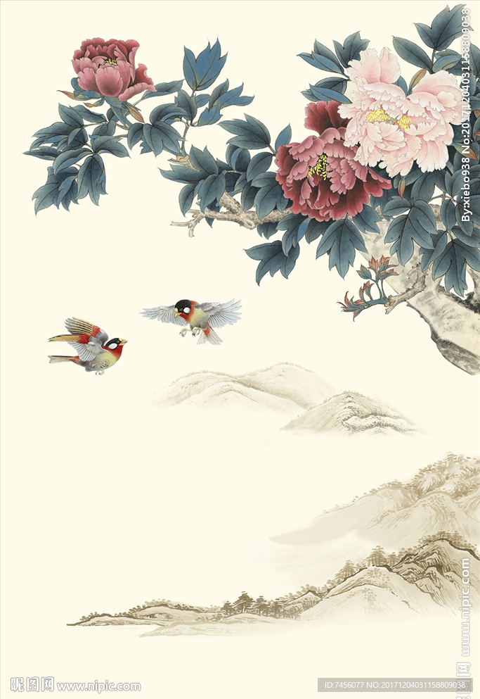 花鸟水墨牡丹花中式玄关过道