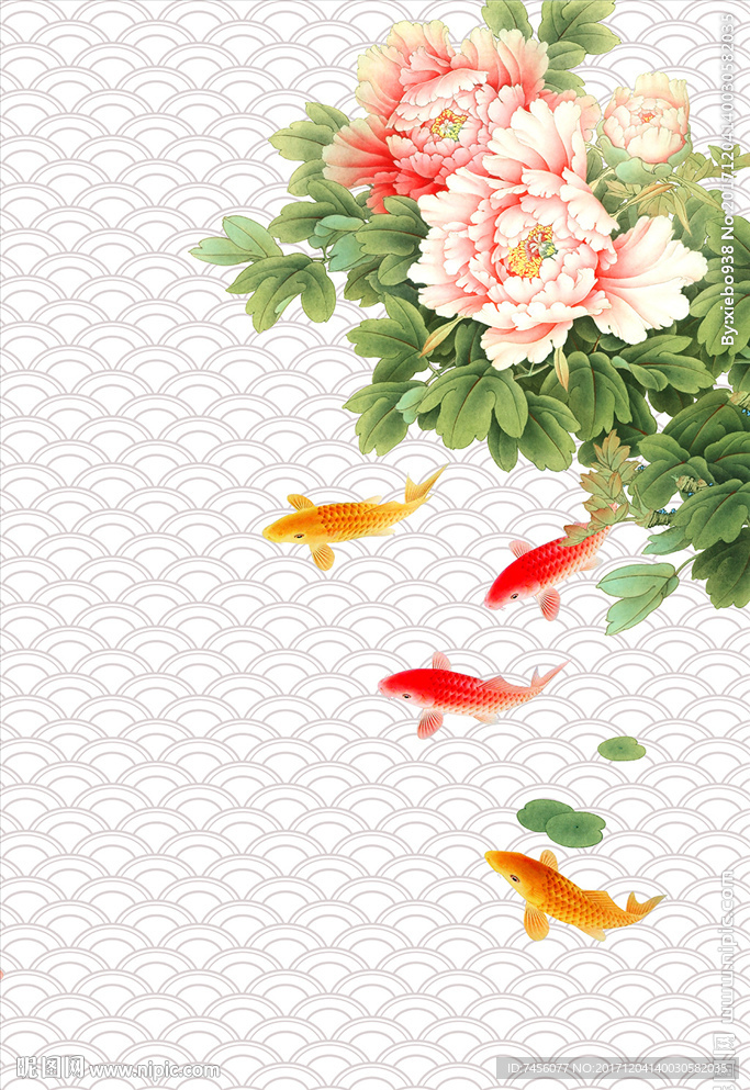 牡丹花中式游鱼玄关过道