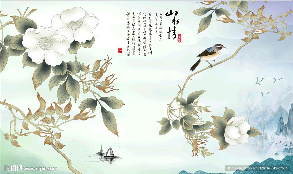 山水情禅意意境花鸟高清背景墙