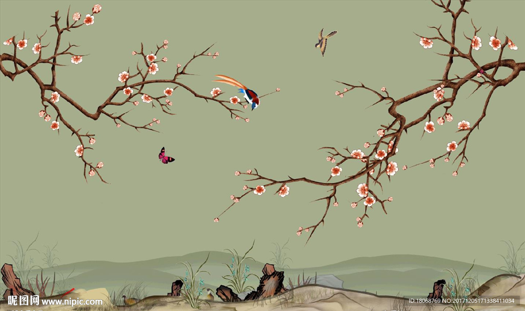 最新新中式手绘花鸟背景墙