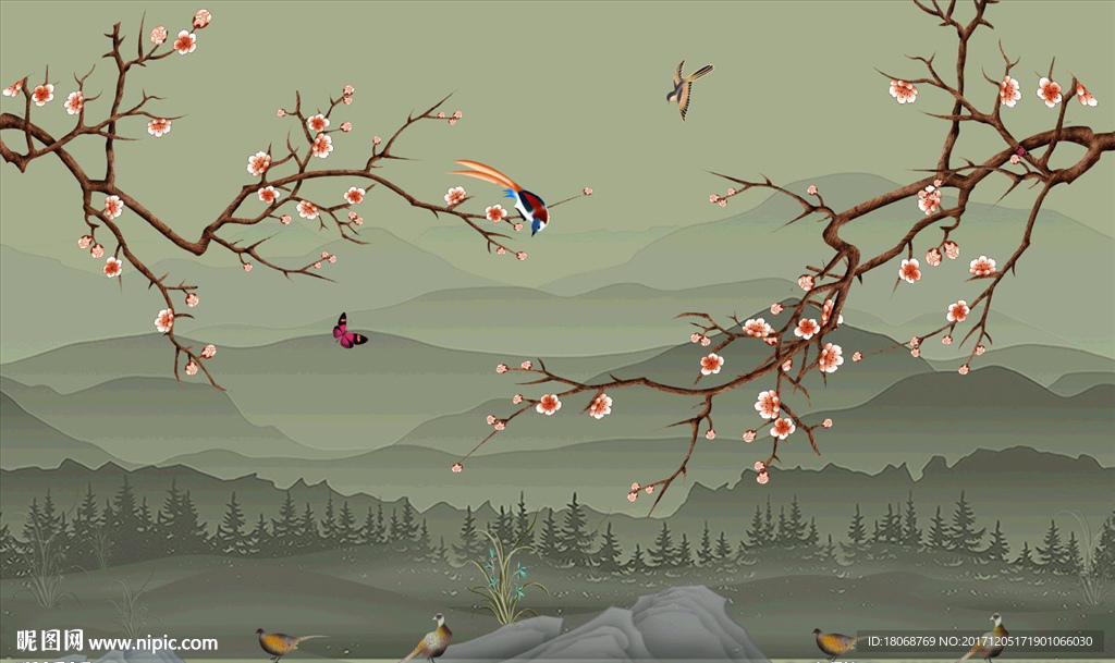 古典风格水墨深绿色山水花鸟背景