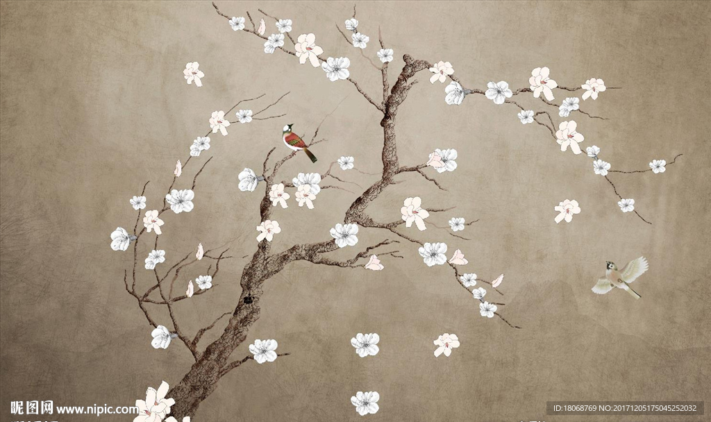 古典复古手绘花鸟新中式电视背景