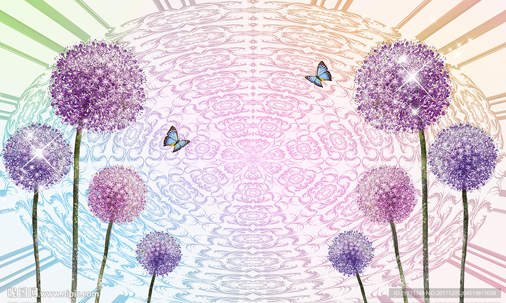 梦幻蒲公英蝴蝶花纹电视背景墙