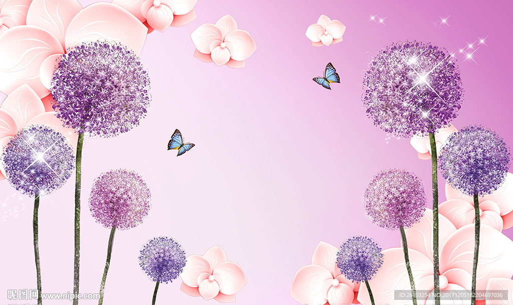 梦幻蒲公英花卉蝴蝶电视背景墙