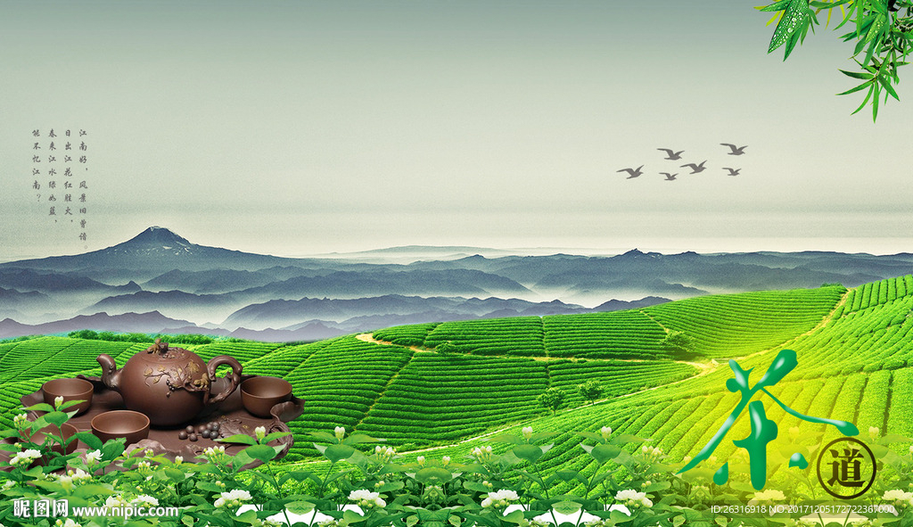 茶道绿色茶场背景海报