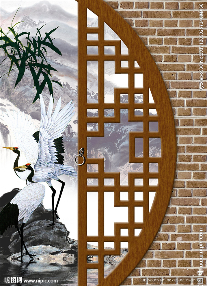 仙鹤水墨风景画圆门立体玄关过道