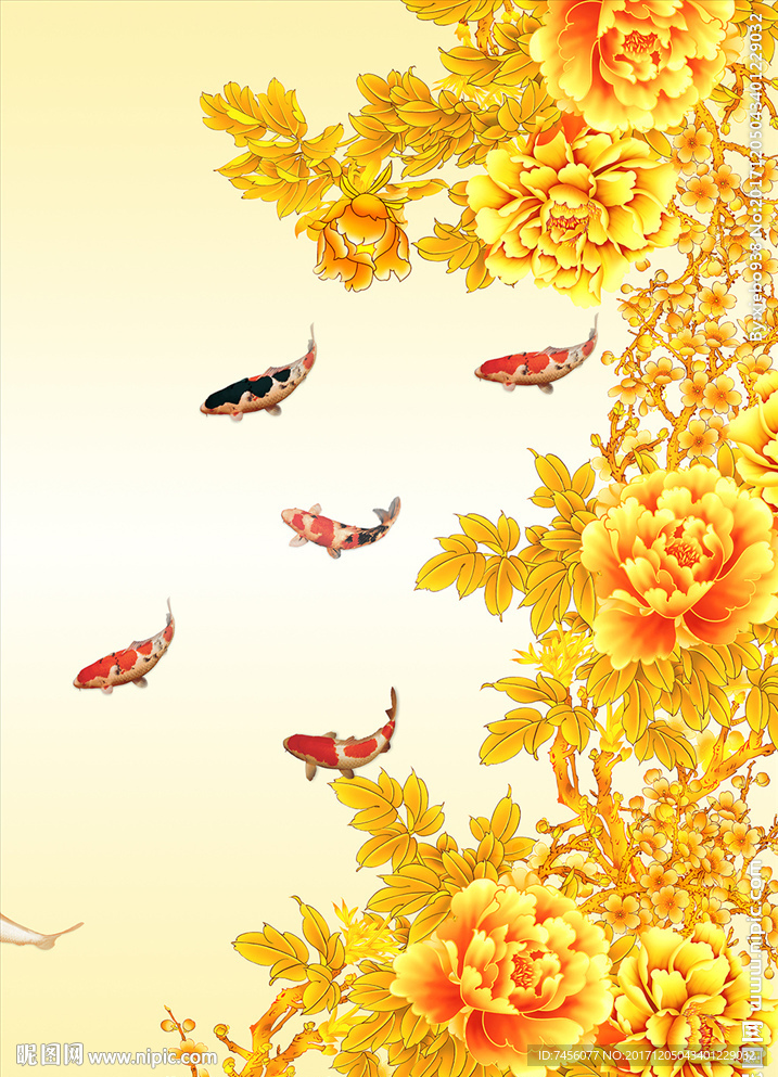 金色牡丹花游鱼中式玄关过道