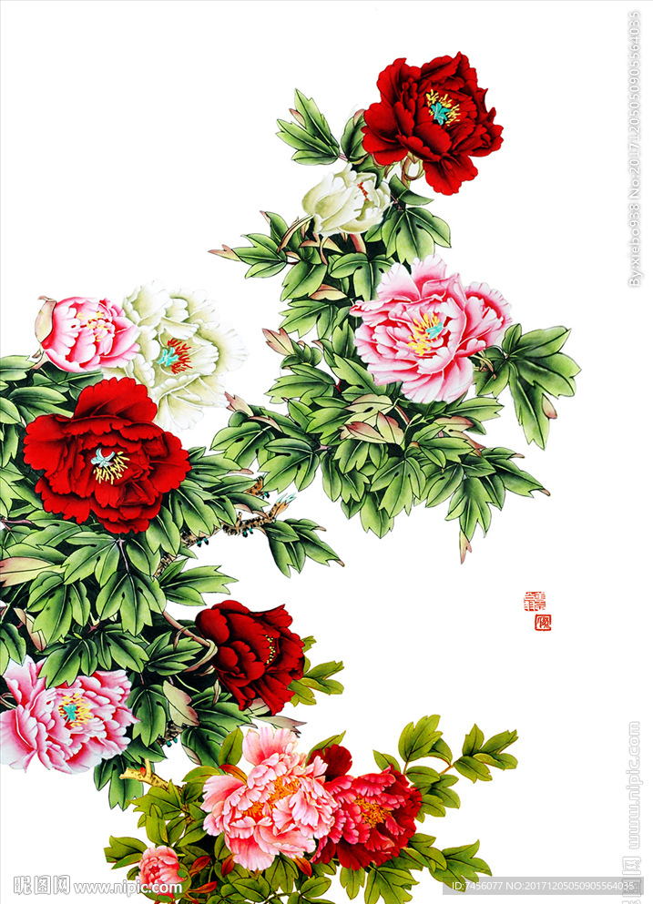 牡丹工笔画中式玄关过道