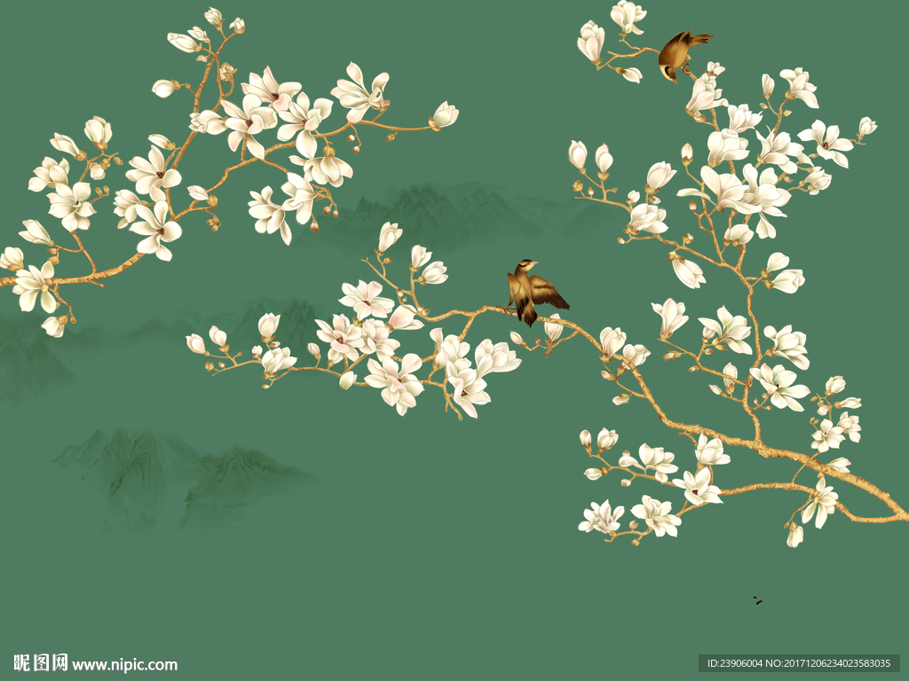 新中式电视背景墙玉兰花开富贵