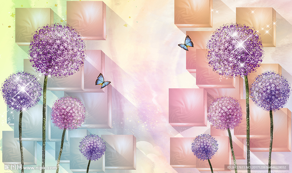 梦幻蒲公英蝴蝶3D砖墙电视背景