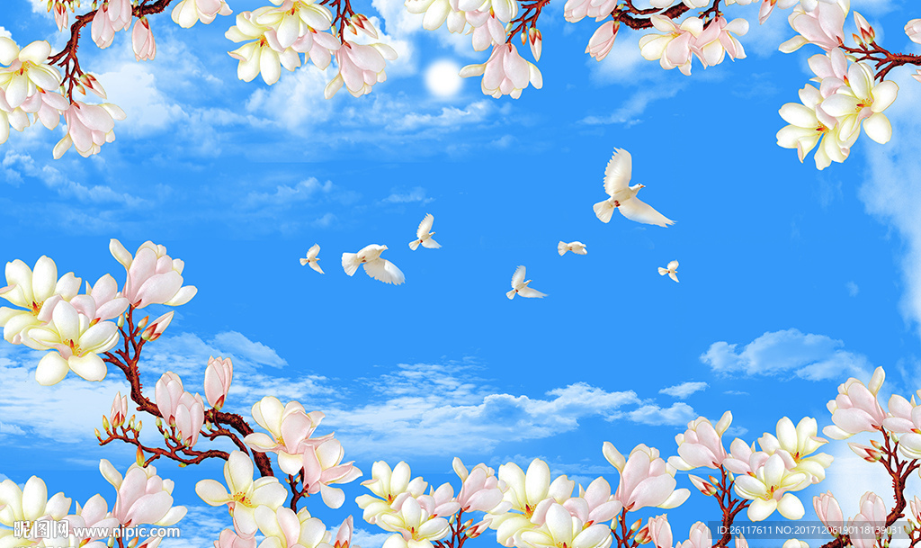 现代玉兰蓝天白云鸽子电视背景墙