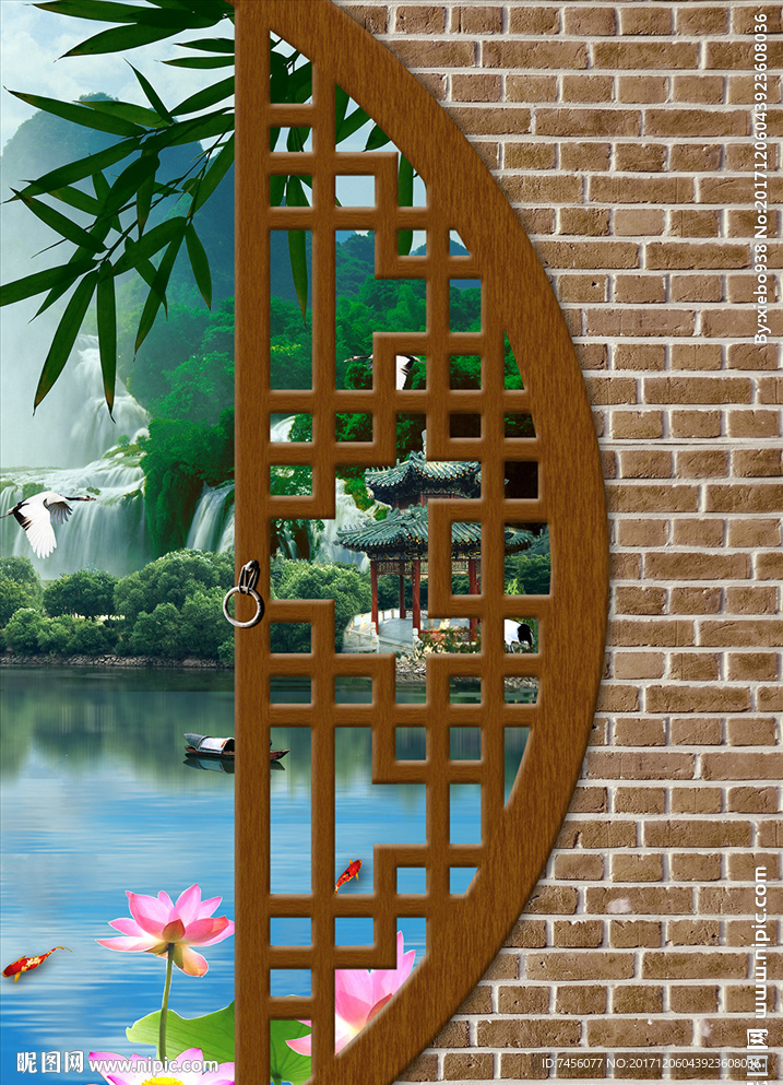 圆拱门莲花风景画中式玄关过道