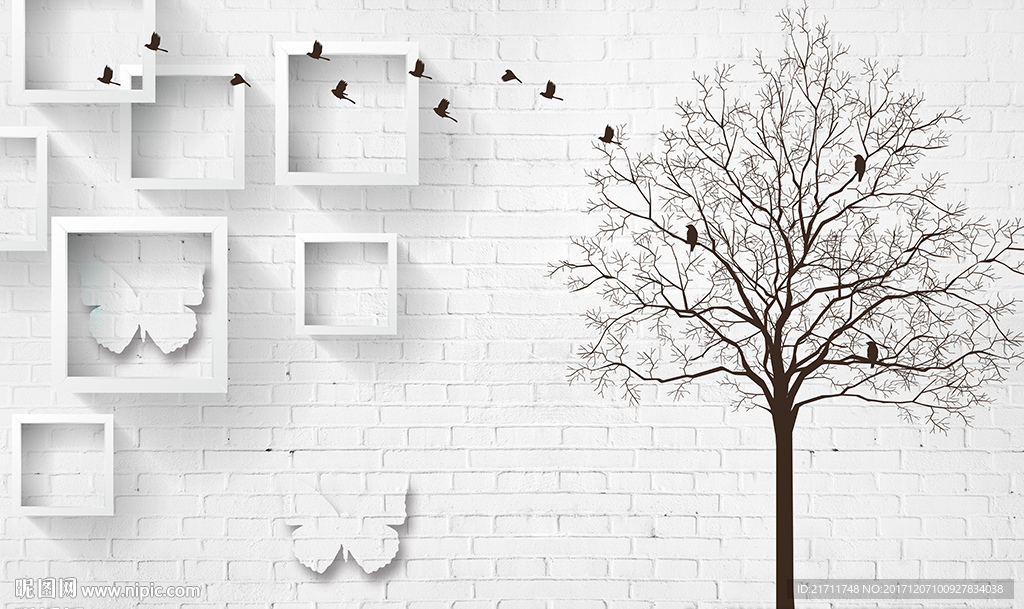 简约小树蝴蝶框框文化墙电视背景