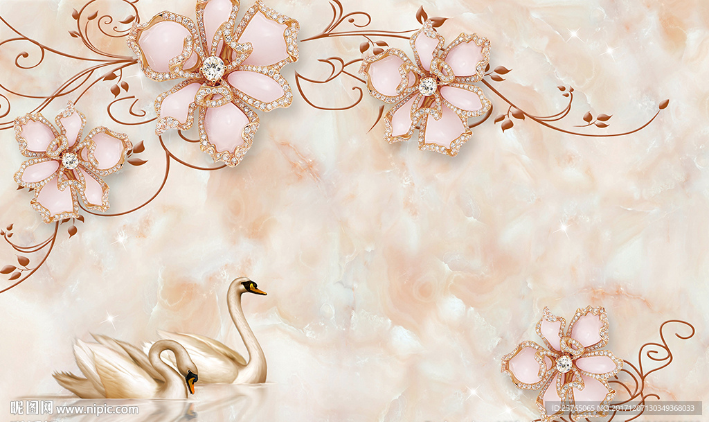 欧式珠宝花卉天鹅大理石电视背景