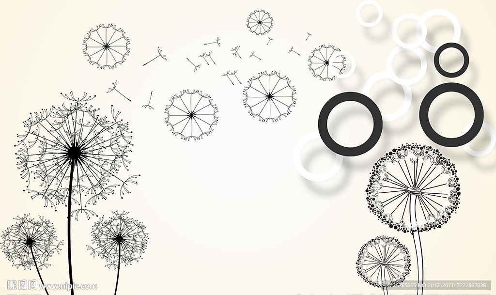 简约蒲公英黑白圈圈电视背景墙