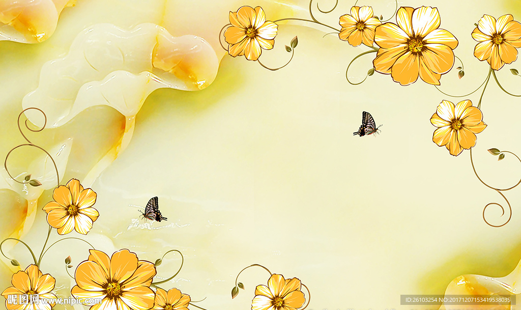 金色花卉蝴蝶玉雕底电视背景墙