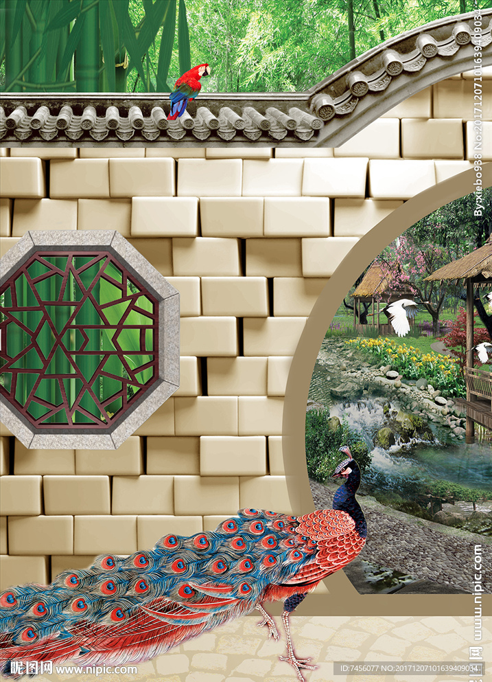 花园庭院孔雀风景画玄关过道
